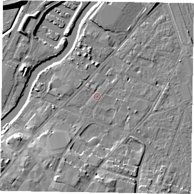 Shaded relief map of the ground around NG241JA, computed from Environment Agency LiDAR. The ground here sits at about 12 m above sea level and falls 11 m across the surrounding 800 m. Surface water reaching this point runs off ground lying to the north-north-west, 4.1 m higher.