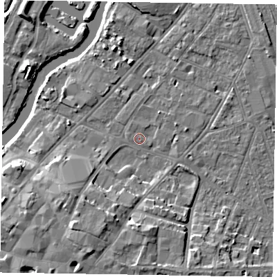 Shaded relief map of the ground around NG241JB, computed from Environment Agency LiDAR. The ground here sits at about 12 m above sea level and falls 11 m across the surrounding 800 m. Surface water reaching this point runs off ground lying to the north-north-east, 0.8 m higher.