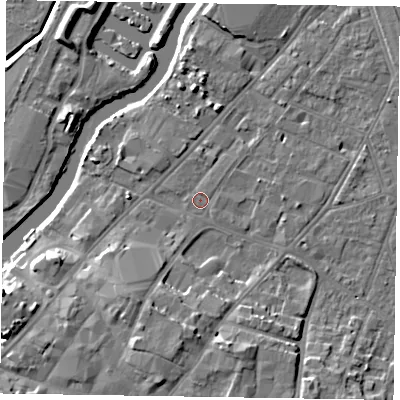 Shaded relief map of the ground around NG241JD, computed from Environment Agency LiDAR. The ground here sits at about 12 m above sea level and falls 12 m across the surrounding 800 m. Surface water reaching this point runs off ground lying to the north, 4.1 m higher.