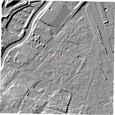 Shaded relief map of the ground around NG241JF, computed from Environment Agency LiDAR. The ground here sits at about 12 m above sea level and falls 14 m across the surrounding 800 m. Surface water reaching this point runs off ground lying to the north-east, 2.6 m higher.