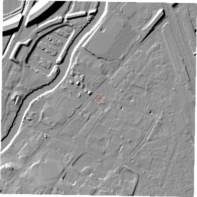 Shaded relief map of the ground around NG241JL, computed from Environment Agency LiDAR. The ground here sits at about 11 m above sea level and falls 15 m across the surrounding 800 m. Surface water reaching this point runs off ground lying to the west-south-west, 1.7 m higher.