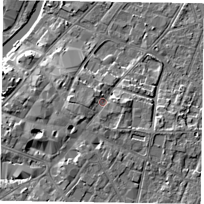 Shaded relief map of the ground around NG241JR, computed from Environment Agency LiDAR. The ground here sits at about 17 m above sea level and falls 12 m across the surrounding 800 m. Surface water reaching this point runs off ground lying to the west, 2.5 m higher.
