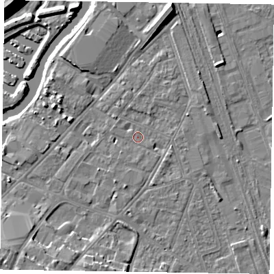 Shaded relief map of the ground around NG241LA, computed from Environment Agency LiDAR. The ground here sits at about 12 m above sea level and falls 15 m across the surrounding 800 m. Surface water reaching this point runs off ground lying to the north-east, 2.3 m higher.