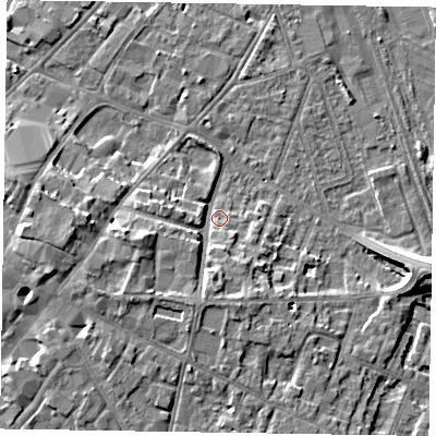 Shaded relief map of the ground around NG241LE, computed from Environment Agency LiDAR. The ground here sits at about 13 m above sea level and falls 9 m across the surrounding 800 m. Surface water reaching this point runs off ground lying to the west-south-west, 6.3 m higher.