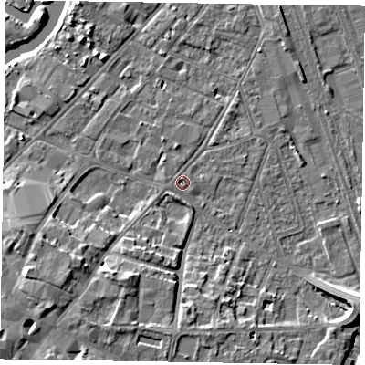 Shaded relief map of the ground around NG241LF, computed from Environment Agency LiDAR. The ground here sits at about 12 m above sea level and falls 11 m across the surrounding 800 m. Surface water reaching this point runs off ground lying to the south-west, 8.4 m higher.