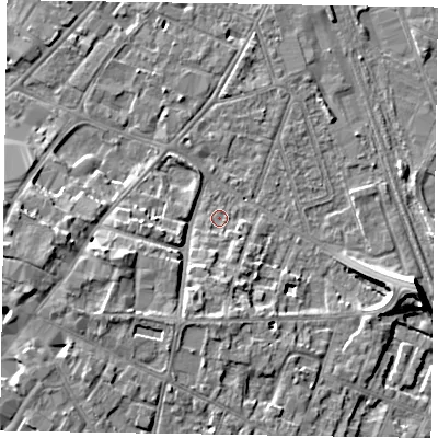 Shaded relief map of the ground around NG241LG, computed from Environment Agency LiDAR. The ground here sits at about 12 m above sea level and falls 9 m across the surrounding 800 m. Surface water reaching this point runs off ground lying to the east-south-east, 7.6 m higher.