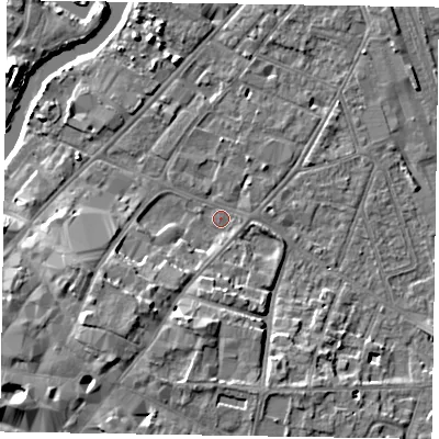Shaded relief map of the ground around NG241LH, computed from Environment Agency LiDAR. The ground here sits at about 12 m above sea level and falls 11 m across the surrounding 800 m. Surface water reaching this point runs off ground lying to the south-west, 7.4 m higher.