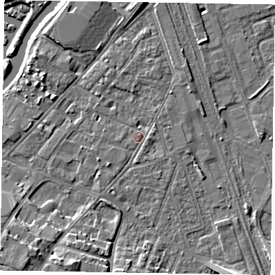 Shaded relief map of the ground around NG241LN, computed from Environment Agency LiDAR. The ground here sits at about 12 m above sea level and falls 12 m across the surrounding 800 m. Surface water reaching this point runs off ground lying to the north-east, 1.4 m higher.