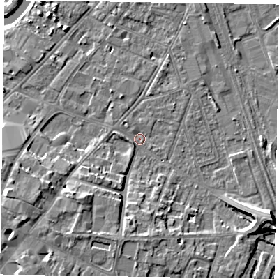 Shaded relief map of the ground around NG241LQ, computed from Environment Agency LiDAR. The ground here sits at about 12 m above sea level and falls 11 m across the surrounding 800 m. Surface water reaching this point runs off ground lying to the south-west, 7.8 m higher.