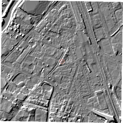 Shaded relief map of the ground around NG241LR, computed from Environment Agency LiDAR. The ground here sits at about 12 m above sea level and falls 11 m across the surrounding 800 m. Surface water reaching this point runs off ground lying to the north-north-east, 1.4 m higher.