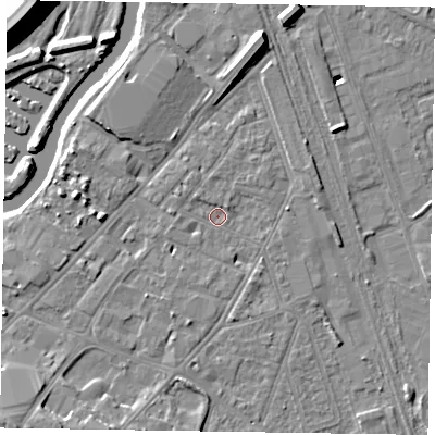 Shaded relief map of the ground around NG241LT, computed from Environment Agency LiDAR. The ground here sits at about 12 m above sea level and falls 15 m across the surrounding 800 m. Surface water reaching this point runs off ground lying to the north-east, 1.6 m higher.