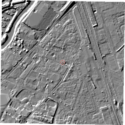 Shaded relief map of the ground around NG241LU, computed from Environment Agency LiDAR. The ground here sits at about 12 m above sea level and falls 12 m across the surrounding 800 m. Surface water reaching this point runs off ground lying to the north-north-east, 1.6 m higher.