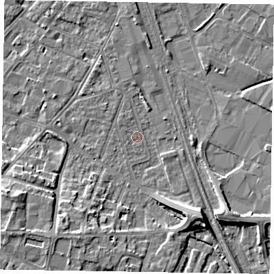 Shaded relief map of the ground around NG241NB, computed from Environment Agency LiDAR. The ground here sits at about 12 m above sea level and falls 8 m across the surrounding 800 m. Surface water reaching this point runs off ground lying to the south-east, 7.7 m higher.