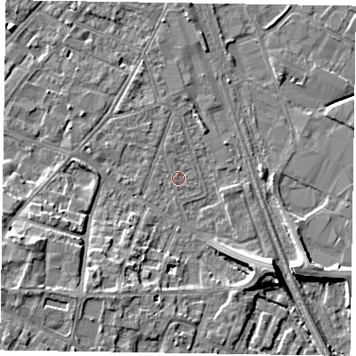 Shaded relief map of the ground around NG241ND, computed from Environment Agency LiDAR. The ground here sits at about 12 m above sea level and falls 8 m across the surrounding 800 m. Surface water reaching this point runs off ground lying to the south-east, 7.4 m higher.