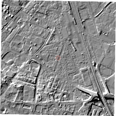 Shaded relief map of the ground around NG241NE, computed from Environment Agency LiDAR. The ground here sits at about 12 m above sea level and falls 8 m across the surrounding 800 m. Surface water reaching this point runs off ground lying to the south-east, 7.7 m higher.
