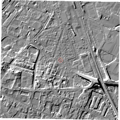 Shaded relief map of the ground around NG241NF, computed from Environment Agency LiDAR. The ground here sits at about 12 m above sea level and falls 8 m across the surrounding 800 m. Surface water reaching this point runs off ground lying to the east-south-east, 7.4 m higher.