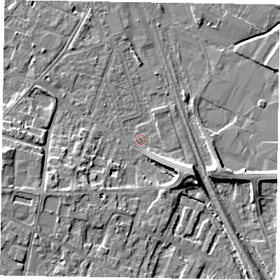 Shaded relief map of the ground around NG241NG, computed from Environment Agency LiDAR. The ground here sits at about 12 m above sea level and falls 8 m across the surrounding 800 m. Surface water reaching this point runs off ground lying to the east-south-east, 7.3 m higher.
