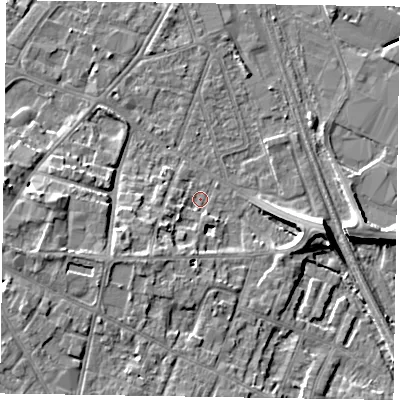 Shaded relief map of the ground around NG241NH, computed from Environment Agency LiDAR. The ground here sits at about 12 m above sea level and falls 8 m across the surrounding 800 m. Surface water reaching this point runs off ground lying to the east-south-east, 7.4 m higher.