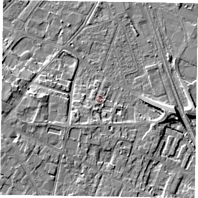 Shaded relief map of the ground around NG241NJ, computed from Environment Agency LiDAR. The ground here sits at about 14 m above sea level and falls 8 m across the surrounding 800 m. Surface water reaching this point runs off ground lying to the south-west, 2.8 m higher.