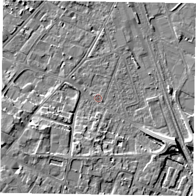 Shaded relief map of the ground around NG241NL, computed from Environment Agency LiDAR. The ground here sits at about 12 m above sea level and falls 9 m across the surrounding 800 m. Surface water reaching this point runs off ground lying to the east-south-east, 7.7 m higher.