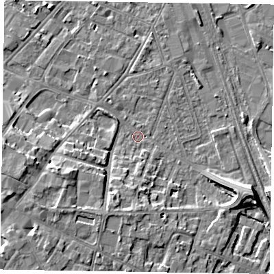 Shaded relief map of the ground around NG241NN, computed from Environment Agency LiDAR. The ground here sits at about 12 m above sea level and falls 9 m across the surrounding 800 m. Surface water reaching this point runs off ground lying to the east-south-east, 7.7 m higher.