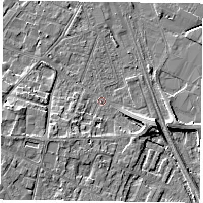 Shaded relief map of the ground around NG241NQ, computed from Environment Agency LiDAR. The ground here sits at about 12 m above sea level and falls 8 m across the surrounding 800 m. Surface water reaching this point runs off ground lying to the east-south-east, 7.4 m higher.