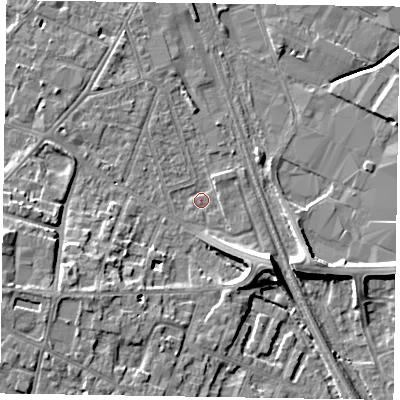 Shaded relief map of the ground around NG241NS, computed from Environment Agency LiDAR. The ground here sits at about 12 m above sea level and falls 8 m across the surrounding 800 m. Surface water reaching this point runs off ground lying to the south-east, 7.3 m higher.