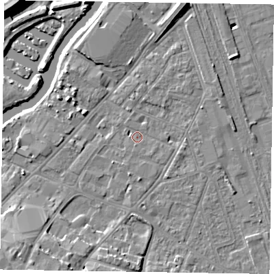 Shaded relief map of the ground around NG241NW, computed from Environment Agency LiDAR. The ground here sits at about 12 m above sea level and falls 14 m across the surrounding 800 m. Surface water reaching this point runs off ground lying to the north-east, 2.6 m higher.