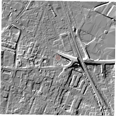 Shaded relief map of the ground around NG241PR, computed from Environment Agency LiDAR. The ground here sits at about 12 m above sea level and falls 8 m across the surrounding 800 m. Surface water reaching this point runs off ground lying to the west-south-west, 6.5 m higher.