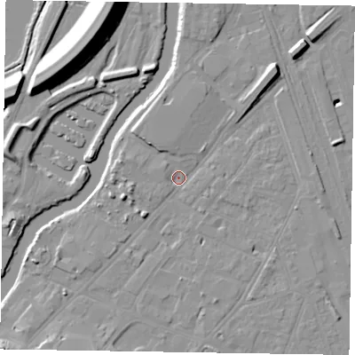 Shaded relief map of the ground around NG241TL, computed from Environment Agency LiDAR. The ground here sits at about 11 m above sea level and falls 16 m across the surrounding 800 m. Surface water reaching this point runs off ground lying to the north-east, 7.0 m higher.