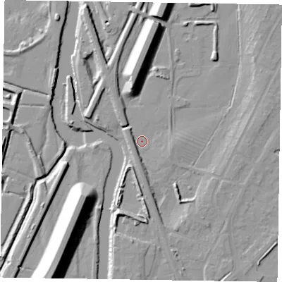 Shaded relief map of the ground around NG242AL, computed from Environment Agency LiDAR. The ground here sits at about 10 m above sea level and falls 17 m across the surrounding 800 m. Surface water reaching this point runs off ground lying to the south-south-east, 4.2 m higher.