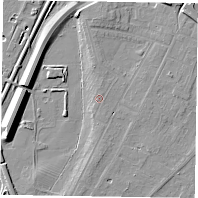 Shaded relief map of the ground around NG242BA, computed from Environment Agency LiDAR. The ground here sits at about 13 m above sea level and falls 14 m across the surrounding 800 m. Surface water reaching this point runs off ground lying to the north-north-east, 0.9 m higher.