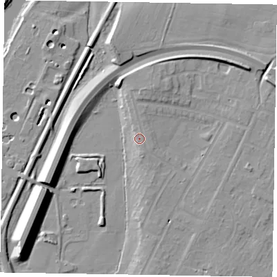 Shaded relief map of the ground around NG242BB, computed from Environment Agency LiDAR. The ground here sits at about 12 m above sea level and falls 15 m across the surrounding 800 m. The ground contributing surface water to this point lies to the north-north-east.