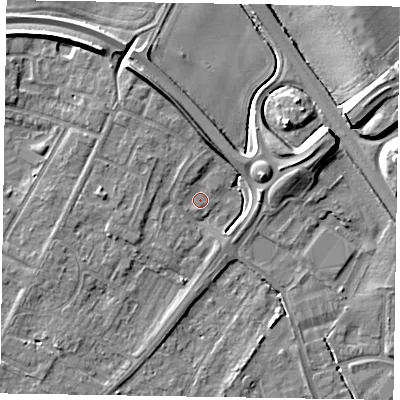 Shaded relief map of the ground around NG242DB, computed from Environment Agency LiDAR. The ground here sits at about 11 m above sea level and falls 10 m across the surrounding 800 m. Surface water reaching this point runs off ground lying to the south-west, 3.7 m higher.