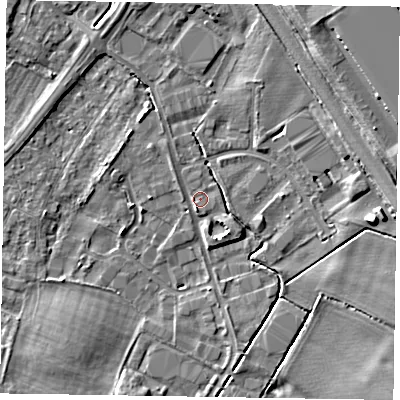 Shaded relief map of the ground around NG242DE, computed from Environment Agency LiDAR. The ground here sits at about 11 m above sea level and falls 9 m across the surrounding 800 m. Surface water reaching this point runs off ground lying to the east, 5.6 m higher.