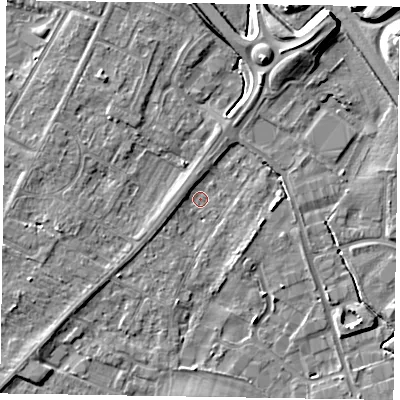 Shaded relief map of the ground around NG242DF, computed from Environment Agency LiDAR. The ground here sits at about 10 m above sea level and falls 9 m across the surrounding 800 m. Surface water reaching this point runs off ground lying to the east, 3.1 m higher.