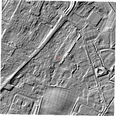 Shaded relief map of the ground around NG242DN, computed from Environment Agency LiDAR. The ground here sits at about 11 m above sea level and falls 6 m across the surrounding 800 m. Surface water reaching this point runs off ground lying to the south, 2.4 m higher.
