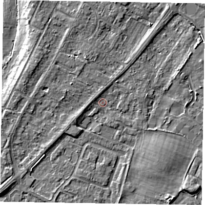 Shaded relief map of the ground around NG242DQ, computed from Environment Agency LiDAR. The ground here sits at about 11 m above sea level and falls 7 m across the surrounding 800 m. Surface water reaching this point runs off ground lying to the south-west, 5.2 m higher.