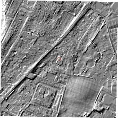 Shaded relief map of the ground around NG242DW, computed from Environment Agency LiDAR. The ground here sits at about 11 m above sea level and falls 4 m across the surrounding 800 m. Surface water reaching this point runs off ground lying to the south-west, 3.1 m higher.