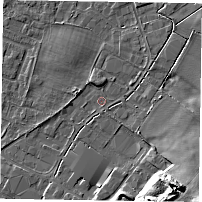 Shaded relief map of the ground around NG242DY, computed from Environment Agency LiDAR. The ground here sits at about 11 m above sea level and falls 19 m across the surrounding 800 m. Surface water reaching this point runs off ground lying to the south-south-east, 18.6 m higher.