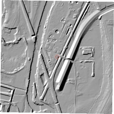 Shaded relief map of the ground around NG242EB, computed from Environment Agency LiDAR. The ground here sits at about 11 m above sea level and falls 15 m across the surrounding 800 m. Surface water reaching this point runs off ground lying to the east, 3.0 m higher.
