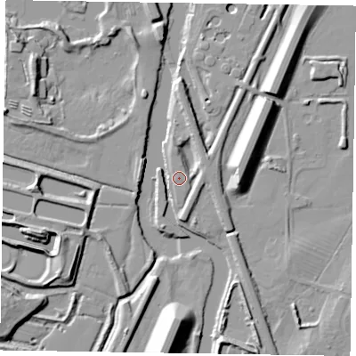Shaded relief map of the ground around NG242EE, computed from Environment Agency LiDAR. The ground here sits at about 11 m above sea level and falls 17 m across the surrounding 800 m. Surface water reaching this point runs off ground lying to the south-south-east, 6.6 m higher.