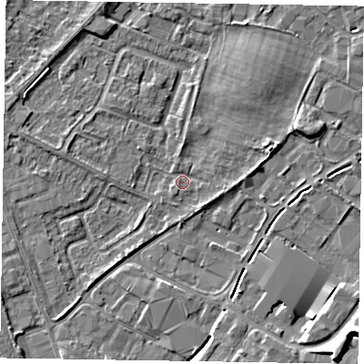 Shaded relief map of the ground around NG242EF, computed from Environment Agency LiDAR. The ground here sits at about 11 m above sea level and falls 7 m across the surrounding 800 m. Surface water reaching this point runs off ground lying to the south-south-east, 1.3 m higher.