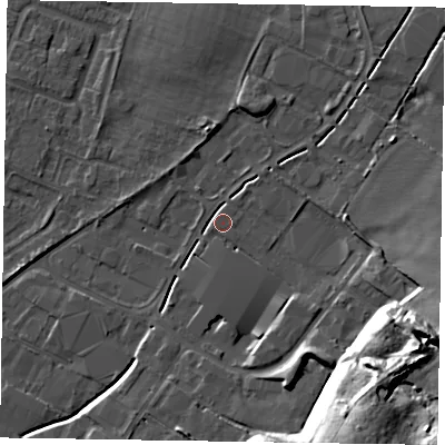 Shaded relief map of the ground around NG242EG, computed from Environment Agency LiDAR. The ground here sits at about 12 m above sea level and falls 23 m across the surrounding 800 m. Surface water reaching this point runs off ground lying to the south-south-west, 2.3 m higher.