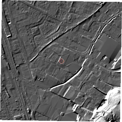 Shaded relief map of the ground around NG242EL, computed from Environment Agency LiDAR. The ground here sits at about 12 m above sea level and falls 26 m across the surrounding 800 m. Surface water reaching this point runs off ground lying to the south-south-east, 5.5 m higher.