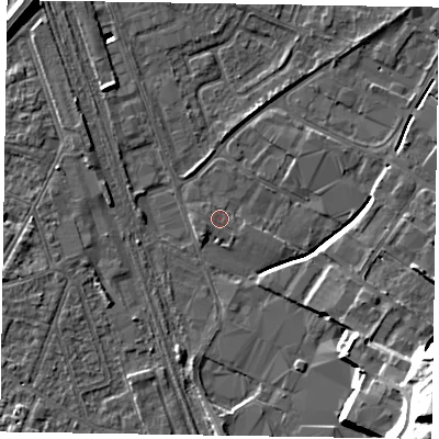 Shaded relief map of the ground around NG242EN, computed from Environment Agency LiDAR. The ground here sits at about 12 m above sea level and falls 24 m across the surrounding 800 m. Surface water reaching this point runs off ground lying to the west-south-west, 0.5 m higher.