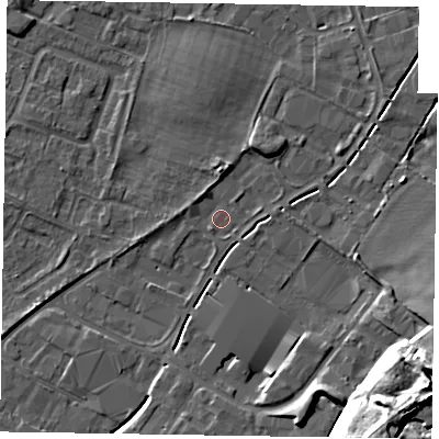 Shaded relief map of the ground around NG242EQ, computed from Environment Agency LiDAR. The ground here sits at about 11 m above sea level and falls 20 m across the surrounding 800 m. Surface water reaching this point runs off ground lying to the south-east, 19.5 m higher.