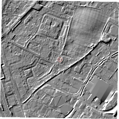 Shaded relief map of the ground around NG242ES, computed from Environment Agency LiDAR. The ground here sits at about 12 m above sea level and falls 10 m across the surrounding 800 m. Surface water reaching this point runs off ground lying to the south-south-east, 0.8 m higher.