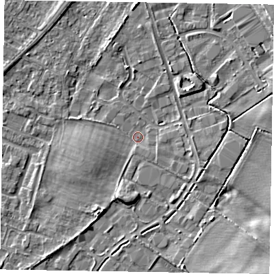 Shaded relief map of the ground around NG242EW, computed from Environment Agency LiDAR. The ground here sits at about 11 m above sea level and falls 7 m across the surrounding 800 m. Surface water reaching this point runs off ground lying to the south-east, 5.2 m higher.