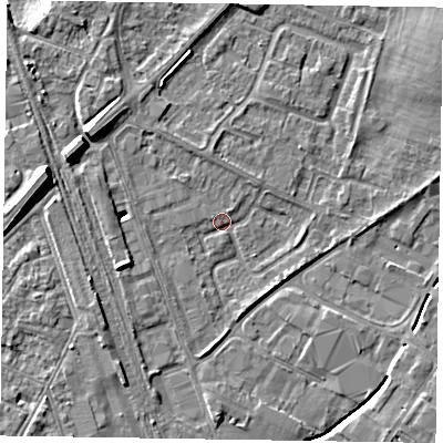 Shaded relief map of the ground around NG242EZ, computed from Environment Agency LiDAR. The ground here sits at about 11 m above sea level and falls 11 m across the surrounding 800 m. Surface water reaching this point runs off ground lying to the west-north-west, 10.7 m higher.